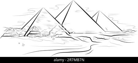 Dessin de couleurs des pizés et du désert à Gizeh, Egypte. Illustration vectorielle Illustration de Vecteur