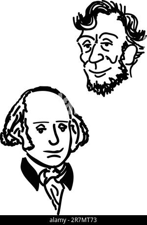 Deux croquis d'Abraham Lincoln et de George Washington souriant. Illustration de Vecteur