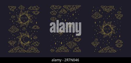 Motifs soleil et lune de Tarot. Ornements de tarot spirituel avec des symboles célestes et anciens. Illustration vectorielle isolée sur fond sombre Illustration de Vecteur