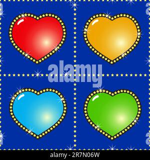 Le jour de la Saint-Valentin fond abstrait bleu foncé avec coeurs multicolores en verre et étoiles dorées. Motif sans couture. Illustration vectorielle. Illustration de Vecteur