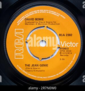 Label central de la version simple de sept pouces du Jean Genie par David Bowie, qui a été publié en 1972 Banque D'Images