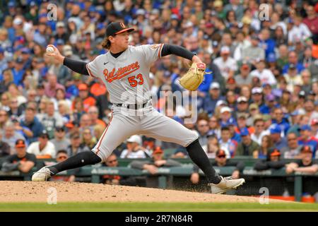 Chicago, États-Unis. 16th juin 2023. Le pichet de secours des Orioles de Baltimore Mike Baumann (53) s'oppose aux Cubs de Chicago lors du cinquième repas au Wrigley Field à Chicago vendredi, 16 juin 2023. Photo par Mark Black/UPI crédit: UPI/Alay Live News Banque D'Images