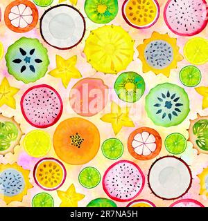 Motif sans couture avec tranches de fruits exotiques tropicaux. Illustration aquarelle dessinée à la main sur un arrière-plan coloré et tacheté. Aquarelle lumineuse été ornam Banque D'Images