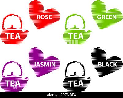 Différents emblèmes de thé - noir, rose, jasmin, étiquettes de faux contour vert, théière asiatique en fer pour thé et coeur ensemble d'icônes, bouton web Illustration de Vecteur
