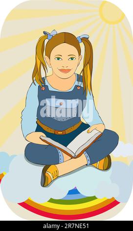 fille assise sur un nuage avec le livre ouvert Illustration de Vecteur