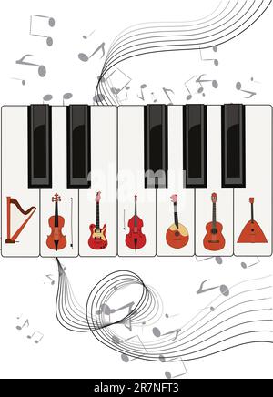 Motif vectoriel d'instruments de musique à cordes placés sur des touches de piano avec des notes tournant en danse autour du clavier. Illustration de Vecteur