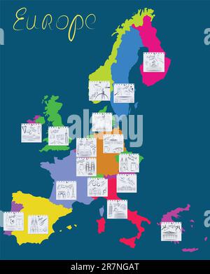 Carte de l'Europe avec les pays marqués avec des fiches épinglées avec les principaux sites et symboles de chaque pays. Illustration vectorielle. Illustration de Vecteur