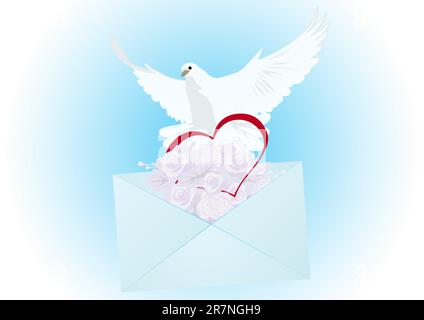 Volant blanc colombe, une enveloppe avec une lettre et des fleurs et coeur. L'illustration sur fond bleu. Illustration de Vecteur