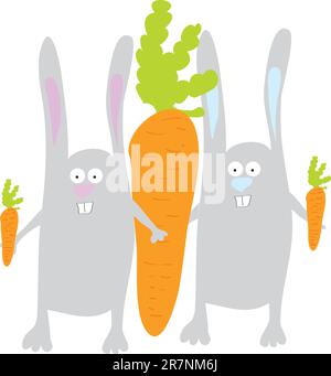 lapins gris drôles mignons avec carotte mûre Illustration de Vecteur