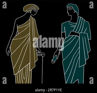 Homme et femme grecs anciens sur noir Illustration de Vecteur