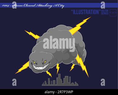 Vecteur d'un nuage de tempête de mauvaise bande dessinée émettant des éclairs sur une ville. Ce vecteur s'inspire de la tempête Irene qui a attaqué New York pas lo... Illustration de Vecteur