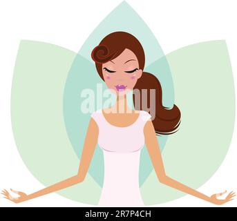 Yoga femme pratiquant le yoga, fleur de Lotus verte derrière la fille. Illustration vectorielle. Illustration de Vecteur