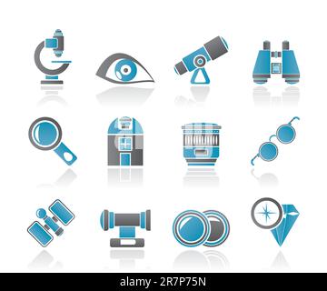 Lentille optique et icônes de l'équipement - vector icon set Illustration de Vecteur