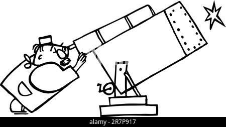 Astronome regardant à travers le télescope une étoile sur blanc Illustration de Vecteur