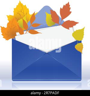 enveloppe bleue ouverte avec feuilles blanches et feuillage d'automne Illustration de Vecteur