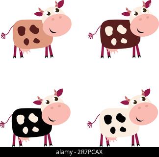 Collection vectorielle de quatre personnages Happy Cow isolés en blanc. Illustration de Vecteur