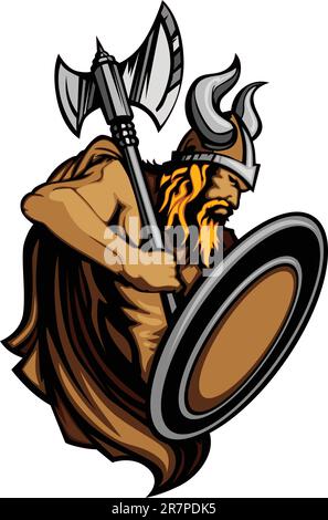 Nordic Viking ou Barbaran Vector Mascot portant un casque à cornes Illustration de Vecteur