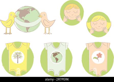 Un ensemble d'illustrations de vêtements, de visages et d'oiseaux pour bébé avec une bannière autour de la terre. Illustration de Vecteur