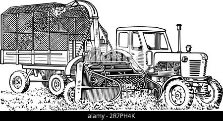 Le tracteur et la remorque dans le champ Illustration de Vecteur