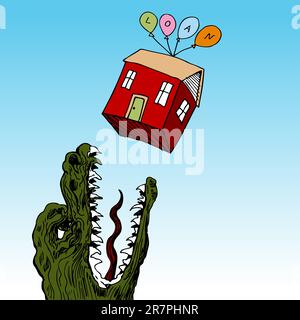 Une image d'une maison flottant au-dessus d'un monstre affamé. Illustration de Vecteur