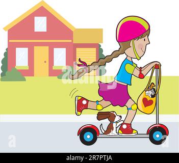 Une petite fille et son chien vont pour un tour sur un scooter.in devant d'une maison rouge. Un sac de jouets en peluche est suspendu au volant. Illustration de Vecteur