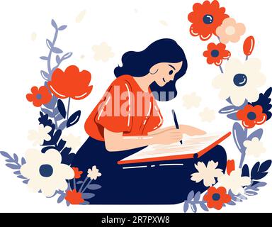 Dessiné à la main artiste féminine assis et dessinant au jardin de fleurs dans un style plat isolé sur fond Banque D'Images