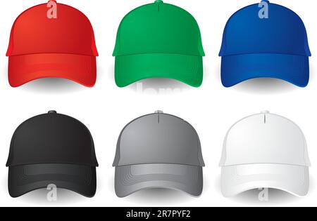 Ensemble de casquettes de baseball à vecteur de couleur unie isolées sur du blanc. Illustration de Vecteur