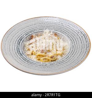 Pâtes carbonara, concept de menu de pâtes du restaurant sur fond blanc Banque D'Images