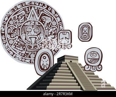 Illustration avec les glyphes antiques et pyramide Maya Illustration de Vecteur