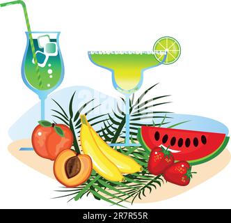 Des boissons exotiques et des fruits isolé sur fond blanc Illustration de Vecteur