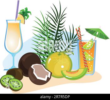 Des boissons exotiques et des fruits isolé sur fond blanc Illustration de Vecteur