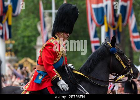 The Mall, Westminster, Londres, Royaume-Uni. 17th juin 2023. La famille royale ainsi que des groupes et des troupes massés ont voyagé dans le Mall jusqu'à la parade des gardes à cheval pour la cérémonie de Trooping of the Color. C'est le premier sous le règne du roi Charles III qui a roulé un cheval frisseux nommé Noble Banque D'Images