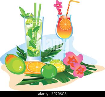 Des boissons exotiques et des fruits isolé sur fond blanc Illustration de Vecteur