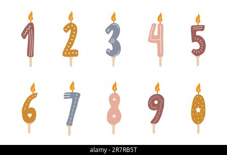 Numéros d'anniversaire bougies avec flammes en feu. Éléments boho mignons pour la fête. Illustration vectorielle de style dessin animé plat Illustration de Vecteur