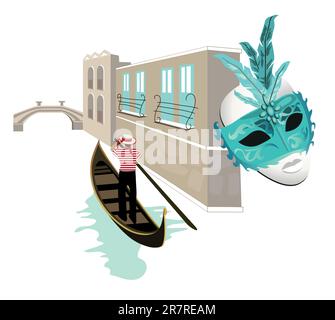 Vue sur le canal de Venise avec un gondolier sur sa gondole et un masque Illustration de Vecteur