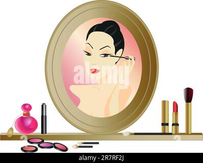 Femme dans le miroir avec accessoires de maquillage Illustration de Vecteur