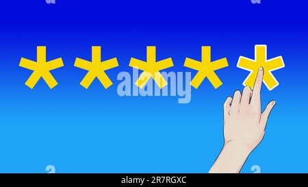 avis 5 étoiles pour l'achat d'un produit ou l'achat d'un service. Cliquez avec le doigt sur la meilleure note possible. Banque D'Images