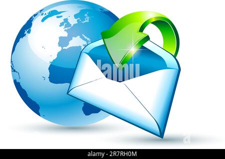 Global Shipping and communication Email concept illustrations avec un 3D Glossy Globe et de style carte postale avec une flèche pointant vers le centre de la ... Illustration de Vecteur