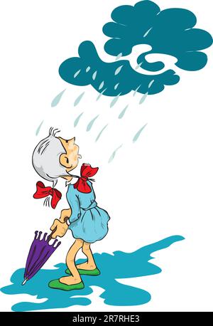 Photo d'une fille qui ouvre un parapluie, il commence à pleuvoir. Illustration de Vecteur