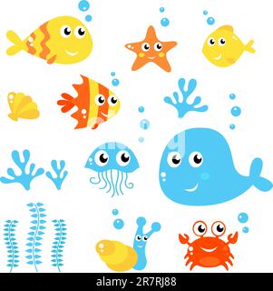 Poissons exotiques et animaux de mer grande collection. Illustration de dessin animé vectoriel. Illustration de Vecteur