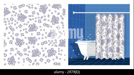 Salle de bains intérieure avec baignoire et rideau décorée de bouquet juteux de raisins avec des feuilles et des tendrils. Illustration vectorielle, ornement pour la conception de poste Illustration de Vecteur