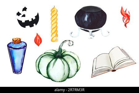 Ensemble d'illustrations aquarelles pour halloween. Un ensemble de citrouilles, visages, livres, bougies, un chou-fleur et une potion, dessinées à la main pour des vacances, fête. Pour Banque D'Images