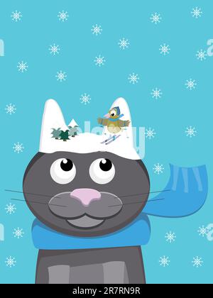 chat mignon avec écharpe en hiver avec des oreilles enneigées sur lesquelles un oiseau skine. Pun sur des mots: Neige-chat Illustration de Vecteur