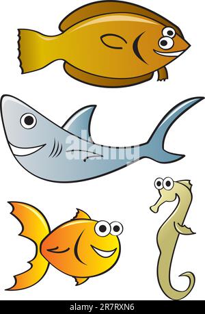 Quatre espèces de poissons de dessin animé avec des visages stupides. Illustration de Vecteur