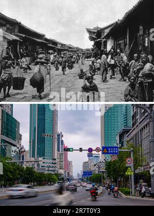 (230617) -- KUNMING, 17 juin 2023 (Xinhua) -- ci-dessus: Cette photo de fichier non daté fournie par le photographe chinois Yin Xiaojun montre une vue de la rue Tuodong il y a environ un siècle à Kunming, dans le sud-ouest de la province du Yunnan en Chine.ci-dessous: Cette photo prise sur 14 juin 2023 par le photographe Xinhua Jiang Wenyao montre une vue sur la rue Tuodong à Kunming, dans le sud-ouest de la Chine, dans la province du Yunnan. Le diplomate français Auguste François est venu à Kunming en 1899. Au cours de ses 5 ans de séjour dans la ville, il a pris des milliers de photos avec ses 7 appareils photo. Environ un siècle plus tard, avec les efforts faits par le photographe chinois Yin Xia Banque D'Images