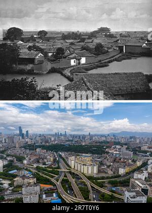 (230617) -- KUNMING, 17 juin 2023 (Xinhua) -- ci-dessus: Cette photo de fichier non daté fournie par le photographe chinois Yin Xiaojun montre une vue sur les résidences de la dynastie Qing à Kunming, dans le sud-ouest de la province du Yunnan en Chine.ci-dessous: Cette photo aérienne prise sur 15 juin 2023 par le photographe Xinhua Jiang Wenyao montre une vue du même endroit à Kunming, dans la province du Yunnan, dans le sud-ouest de la Chine. Le diplomate français Auguste François est venu à Kunming en 1899. Au cours de ses 5 ans de séjour dans la ville, il a pris des milliers de photos avec ses 7 appareils photo. Environ un siècle plus tard, avec les efforts faits par la photo chinoise Banque D'Images