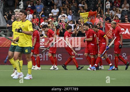 Anvers, Belgique. 17th juin 2023. Les joueurs belges fêtent après avoir marqué un match de hockey entre l'équipe nationale belge Red Lions et l'Australie, match 5/12 dans la phase de groupe de la Ligue Pro FIH 2023 pour hommes, samedi 17 juin 2023 à Anvers. BELGA PHOTO DIRK WAEM crédit: Belga News Agency/Alay Live News Banque D'Images
