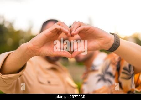 Portrait d'un petit ami gay et d'une petite amie faisant un geste de coeur ou d'amour au coucher du soleil dans un parc de la ville. Diversité et concept lgbt Banque D'Images