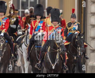 Londres, Royaume-Uni. 17th juin 2023. Trooping the Color (la parade d'anniversaire du Roi) a lieu lors d'une journée chaude et humide à Londres avec le roi HRH Charles III à cheval, accompagné des colonels royaux, pour prendre le salut avec plus de 1400 officiers et hommes en parade dans les gardes à cheval. Crédit : Malcolm Park/Alay Live News Banque D'Images