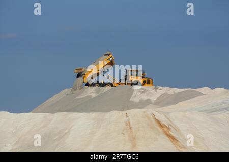 Déchargez le sel dans une mine de sel pour l'extraction du sel, l'extraction du sel, la production de sel, le camion, le transport, Sel, jaune, Volvo, entraînement, vide Banque D'Images